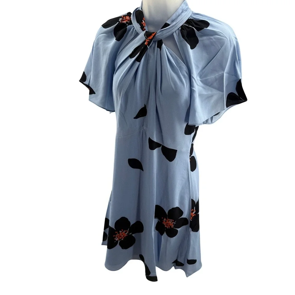 Kate Spade Blue Floral Twisted Neck Flutter Sleeve Mini Dress Size‎ 2 NEW